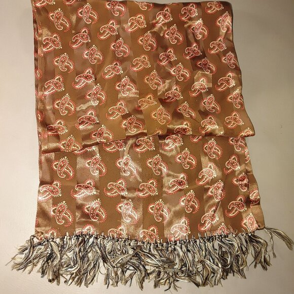 Brown Paisley Satin Scarf Vintage Fringe Trim 42 by 11 Inches Unisex Luxurious - Picture 7 of 10